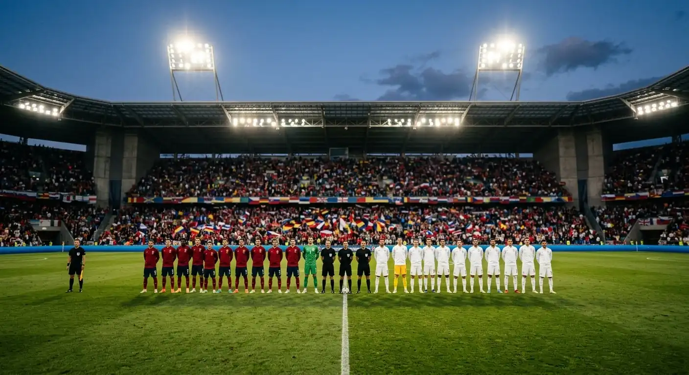 Spānijas un Beļģijas izlašu spēlētāji pirms PK ceturtdaļfināla SoFi stadionā Losandželosā