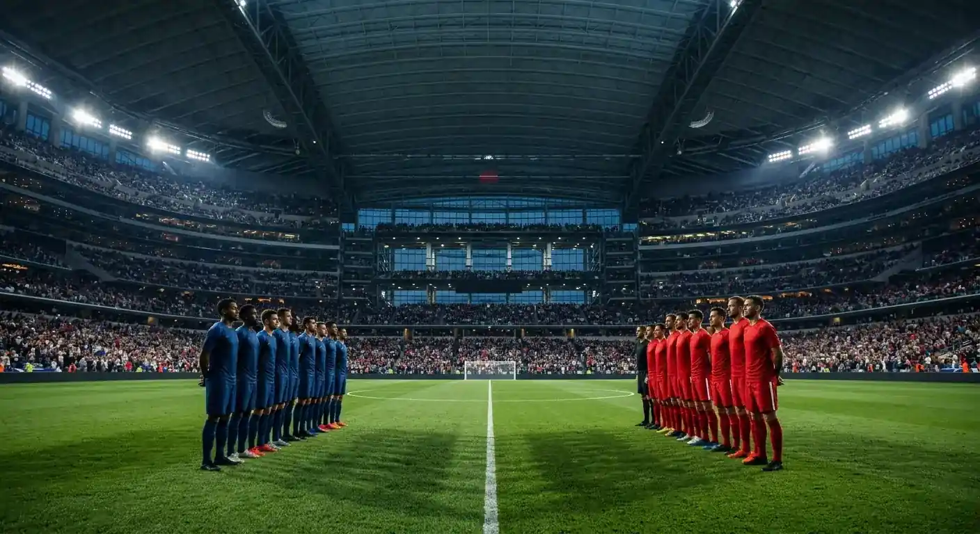 Divi futbola spēlētāji stāv pretī viens otram lielā stadionā ar slēgtu jumtu