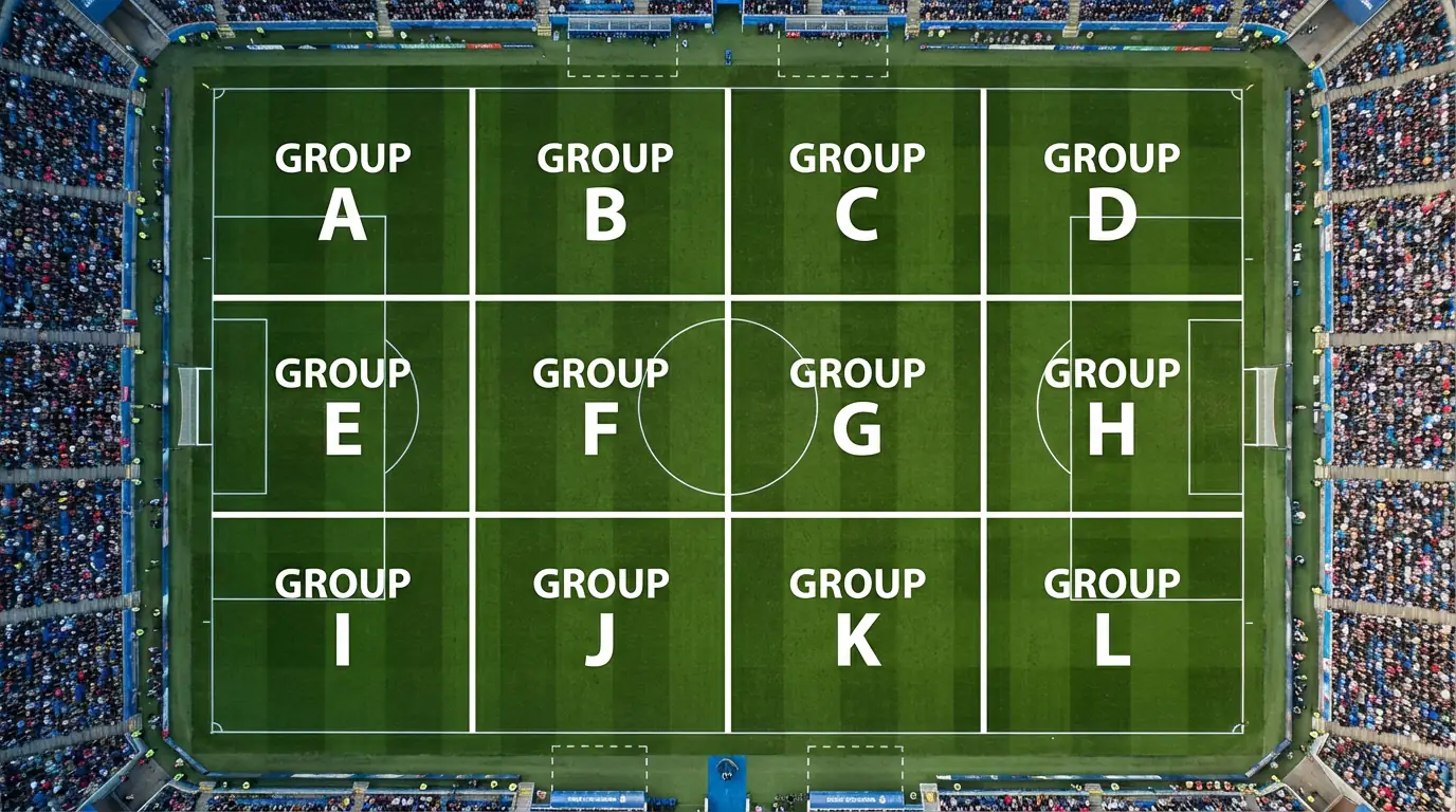 Pasaules kausa 2026 grupu izlozes vizualizācija ar 12 grupām un 48 komandu karogiem