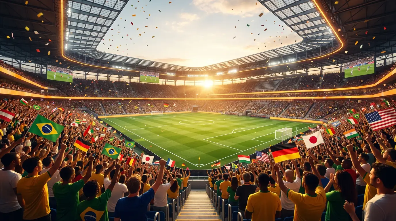 Pasaules kausa 2026 stadions ar futbola lauku un skatītājiem