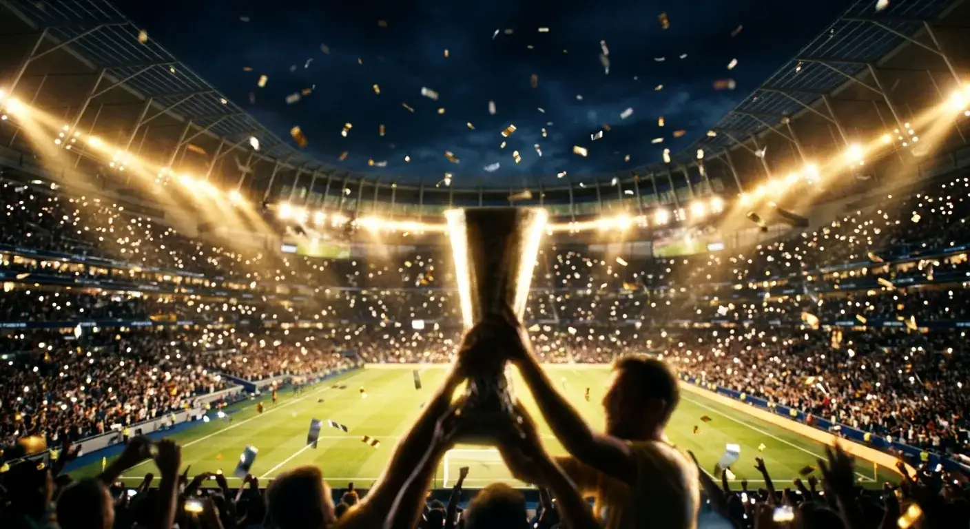 Futbola stadions ar pacelta kausa siluetu un svinīgu apgaismojumu