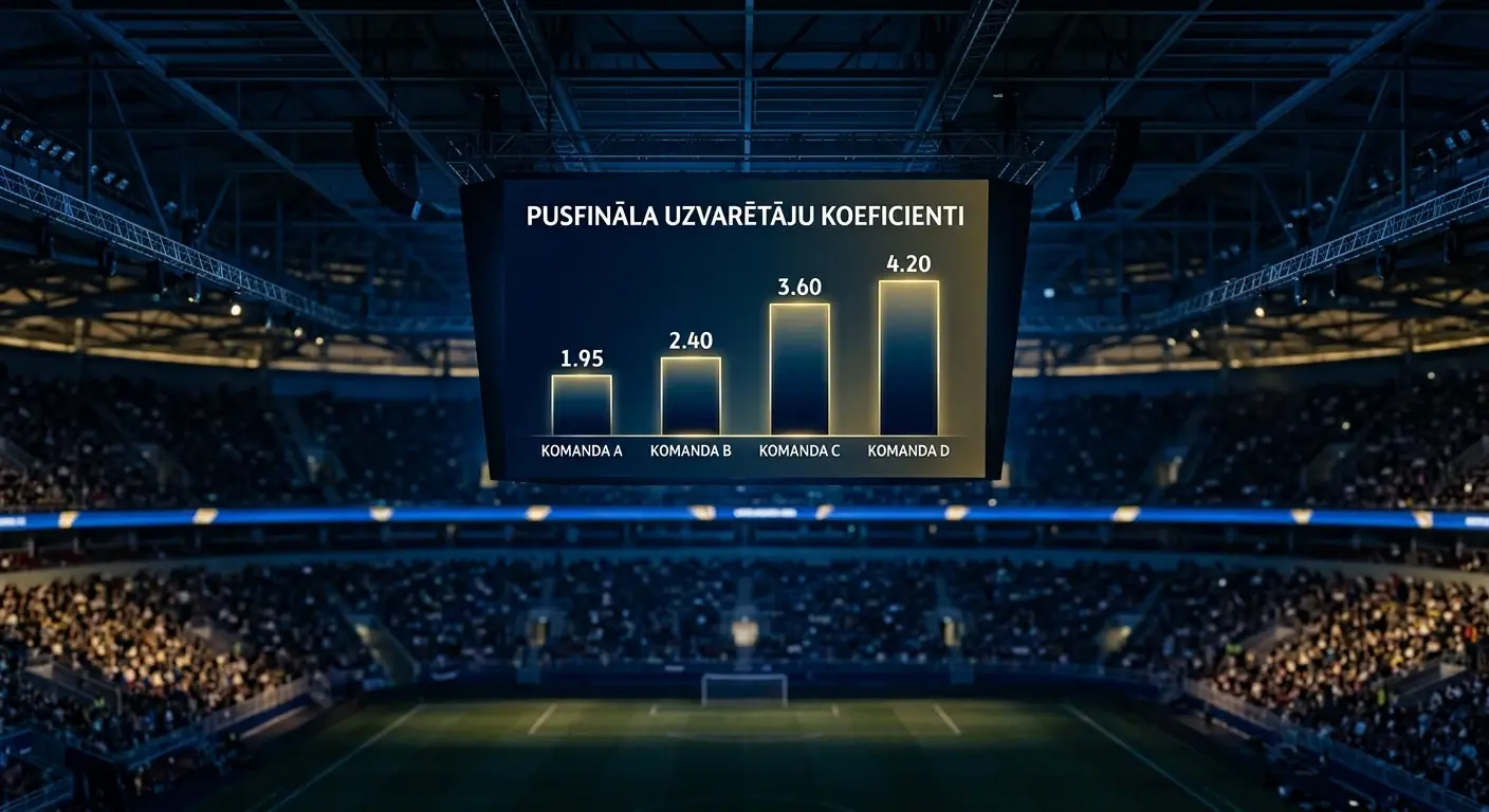 Futbola stadions ar četru valstu karogiem un turnīra koka vizualizāciju