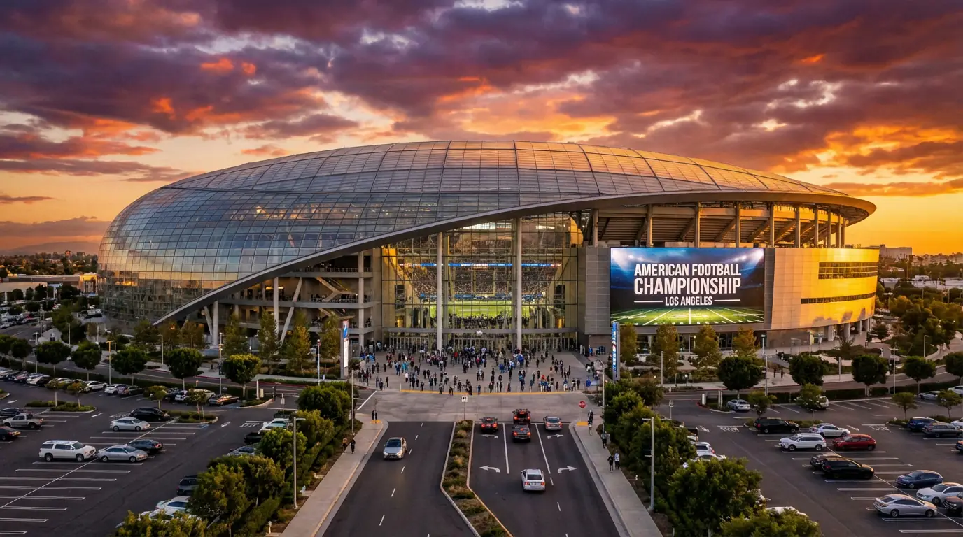 Pasaules kausa 2026 stadionu kolāža ar MetLife Stadium, Estadio Azteca un citām arēnām