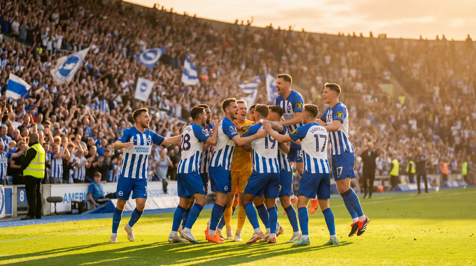 Futbola komanda zilās un baltās formās svin vārtu guvumu