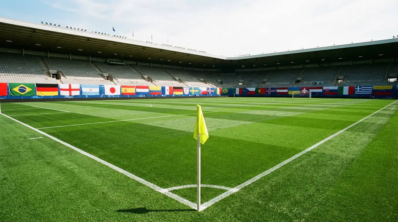 Futbola laukums ar 48 komandu karogiem Pasaules kausa 2026 formātam