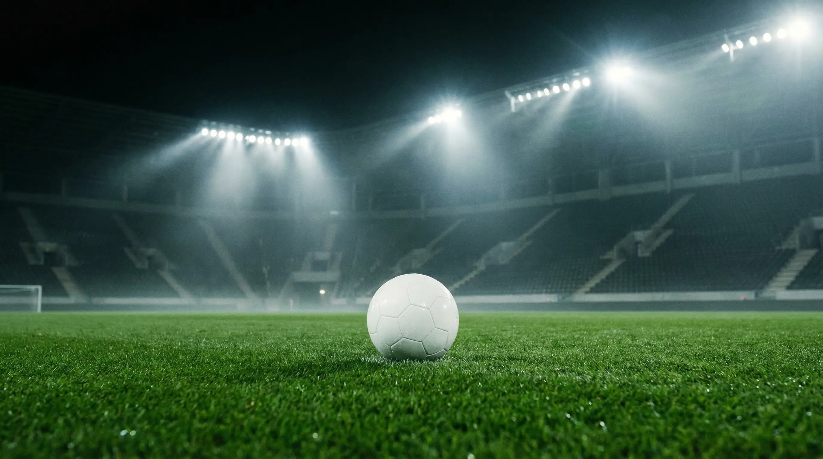 Futbola bumba uz zaļa laukuma ar stadiona apgaismojumu naktī